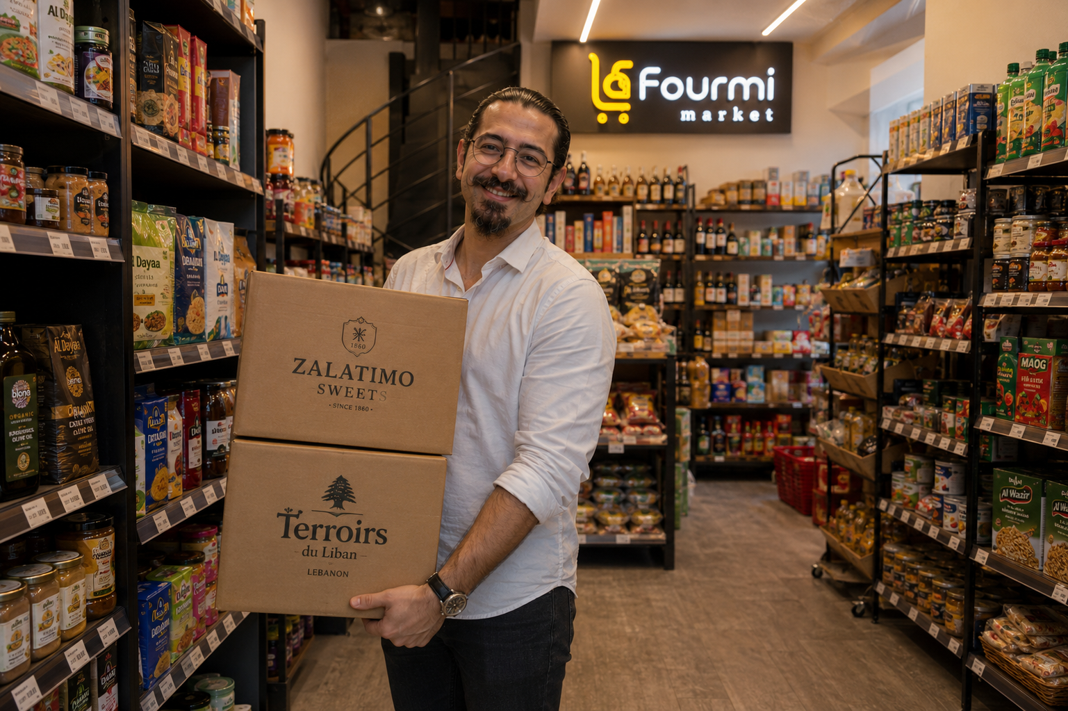 Elie holding La Fourmi boxes